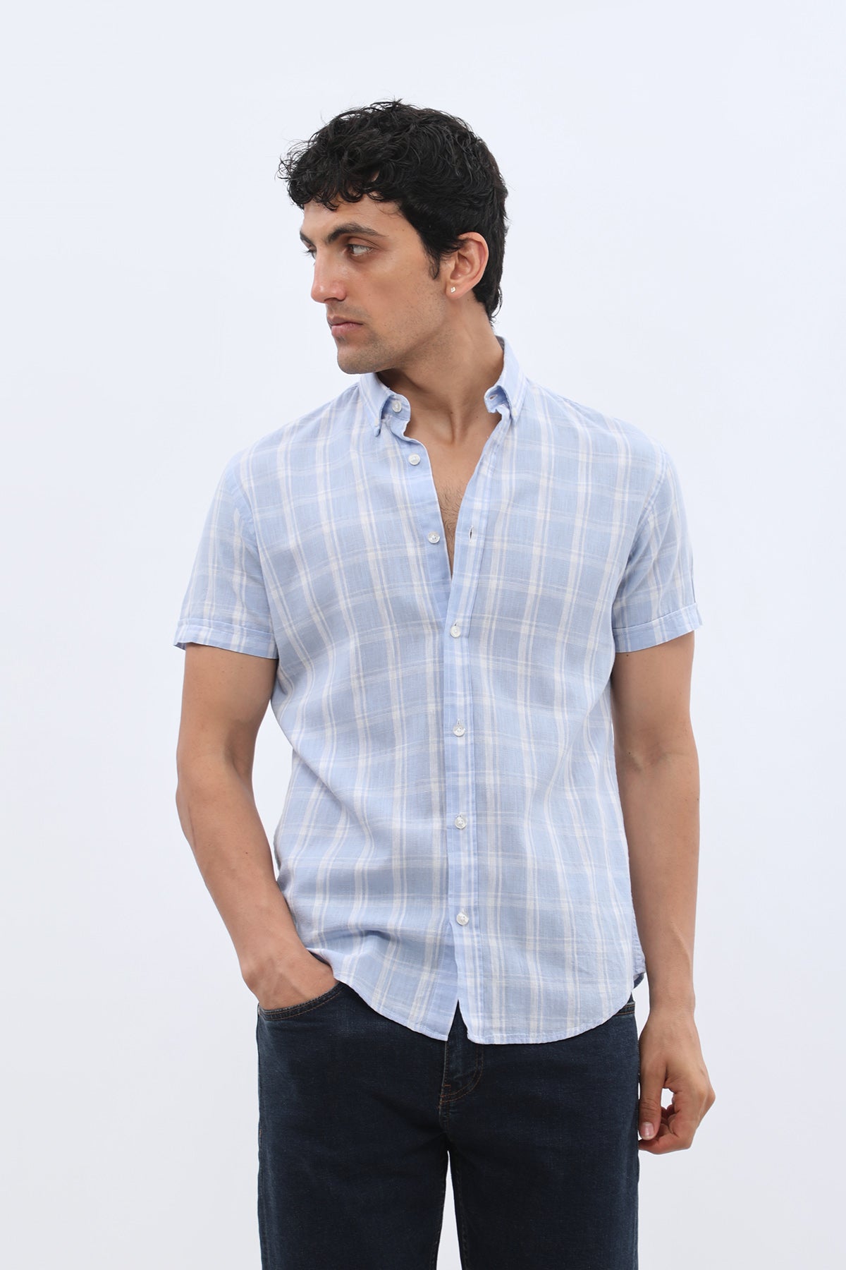 SHIRTSPRO Checked Regular Fit Short Sleeve Shirt - Button-Down Collar - Blue