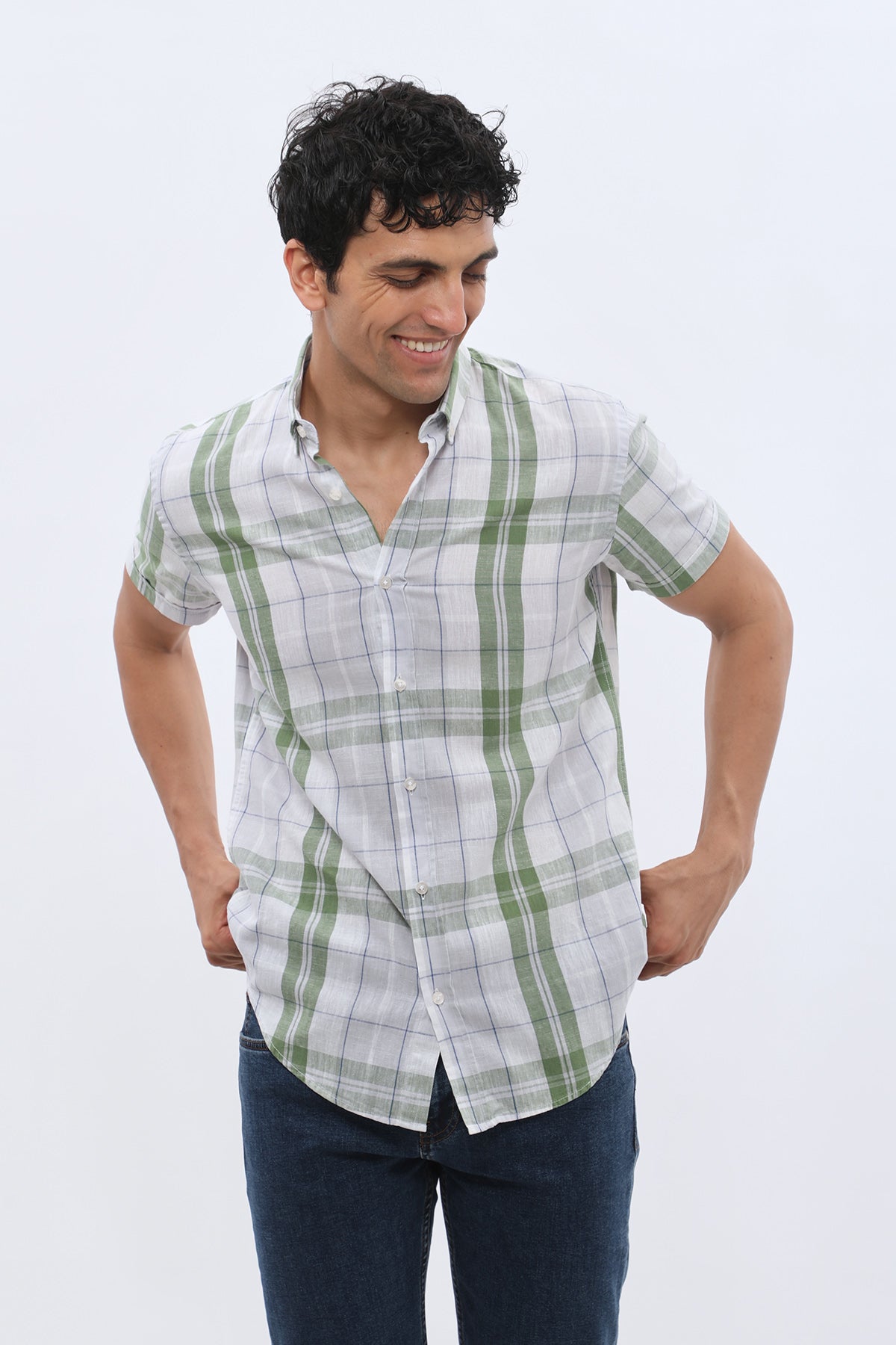 SHIRTSPRO Checked Regular Fit Short Sleeve Shirt - Button-Down Collar - Green