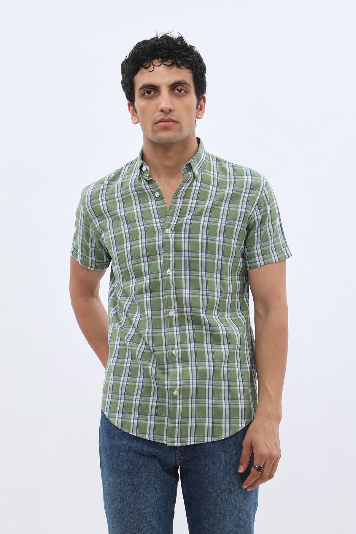 SHIRTSPRO Checked Regular Fit Short Sleeve Shirt - Button-Down Collar - Green
