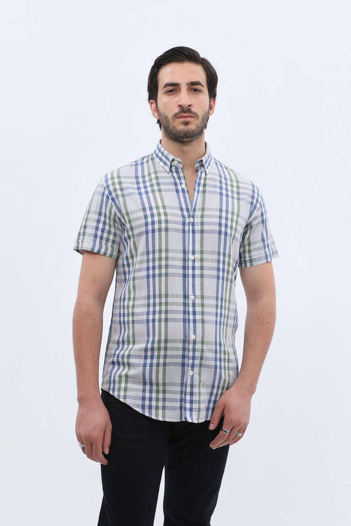 SHIRTSPRO Checked Regular Fit Short Sleeve Shirt - Button-Down Collar - Green