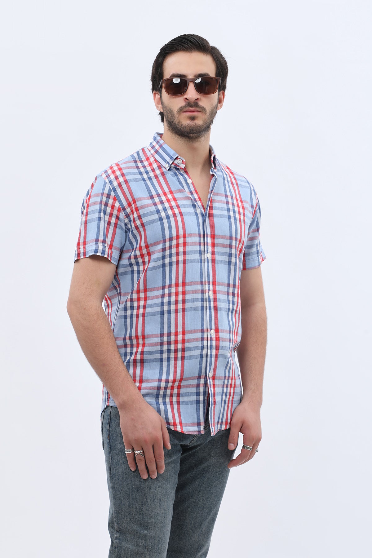 SHIRTSPRO Checked Regular Fit Short Sleeve Shirt - Button-Down Collar - Red