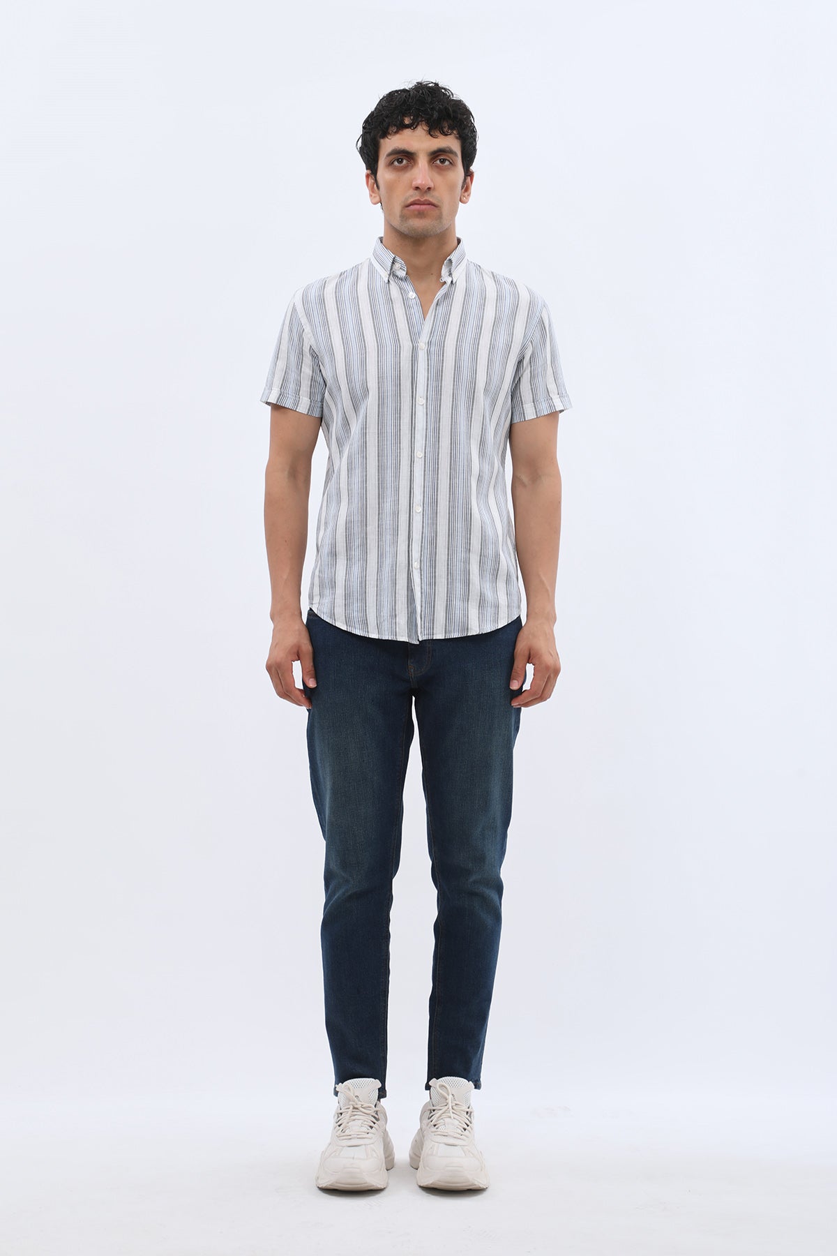 SHIRTSPRO Striped Regular Fit Short Sleeve Shirt - Button-Down Collar - Navy