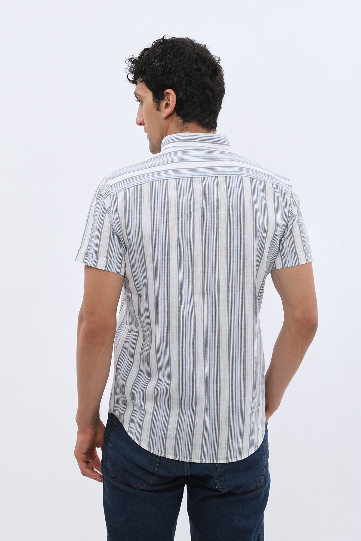SHIRTSPRO Striped Regular Fit Short Sleeve Shirt - Button-Down Collar - Navy