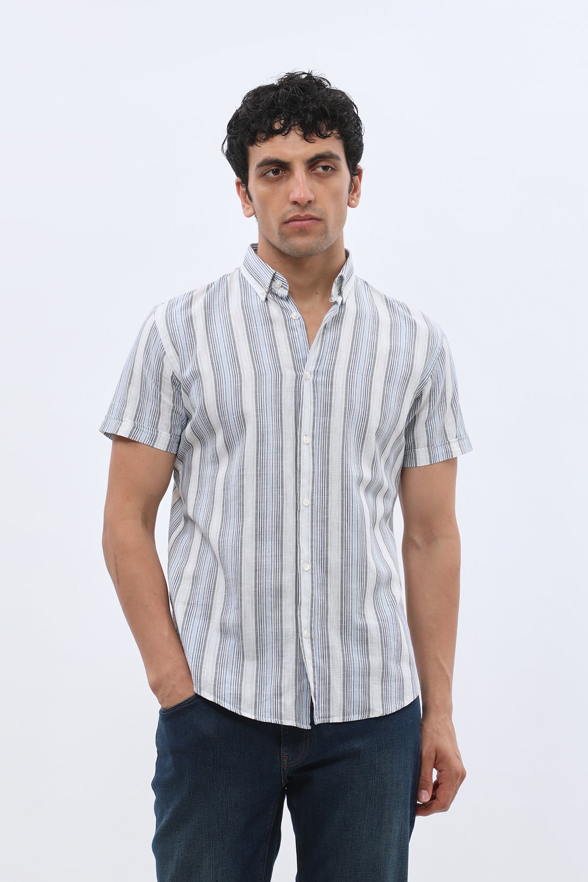 SHIRTSPRO Striped Regular Fit Short Sleeve Shirt - Button-Down Collar - Navy