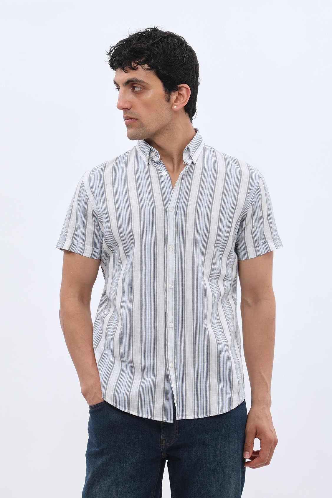 SHIRTSPRO Striped Regular Fit Short Sleeve Shirt - Button-Down Collar - Navy