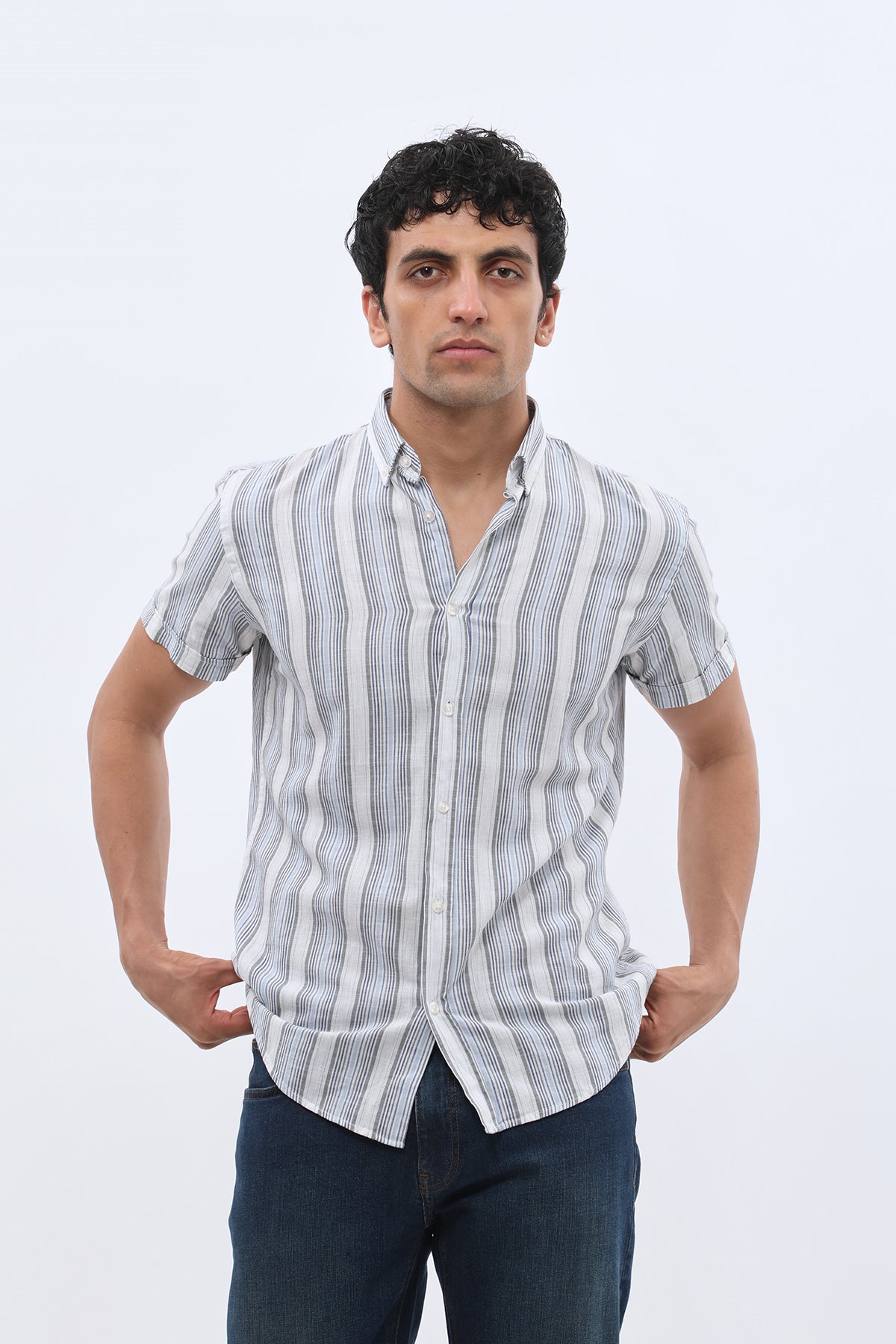 SHIRTSPRO Striped Regular Fit Short Sleeve Shirt - Button-Down Collar - Navy