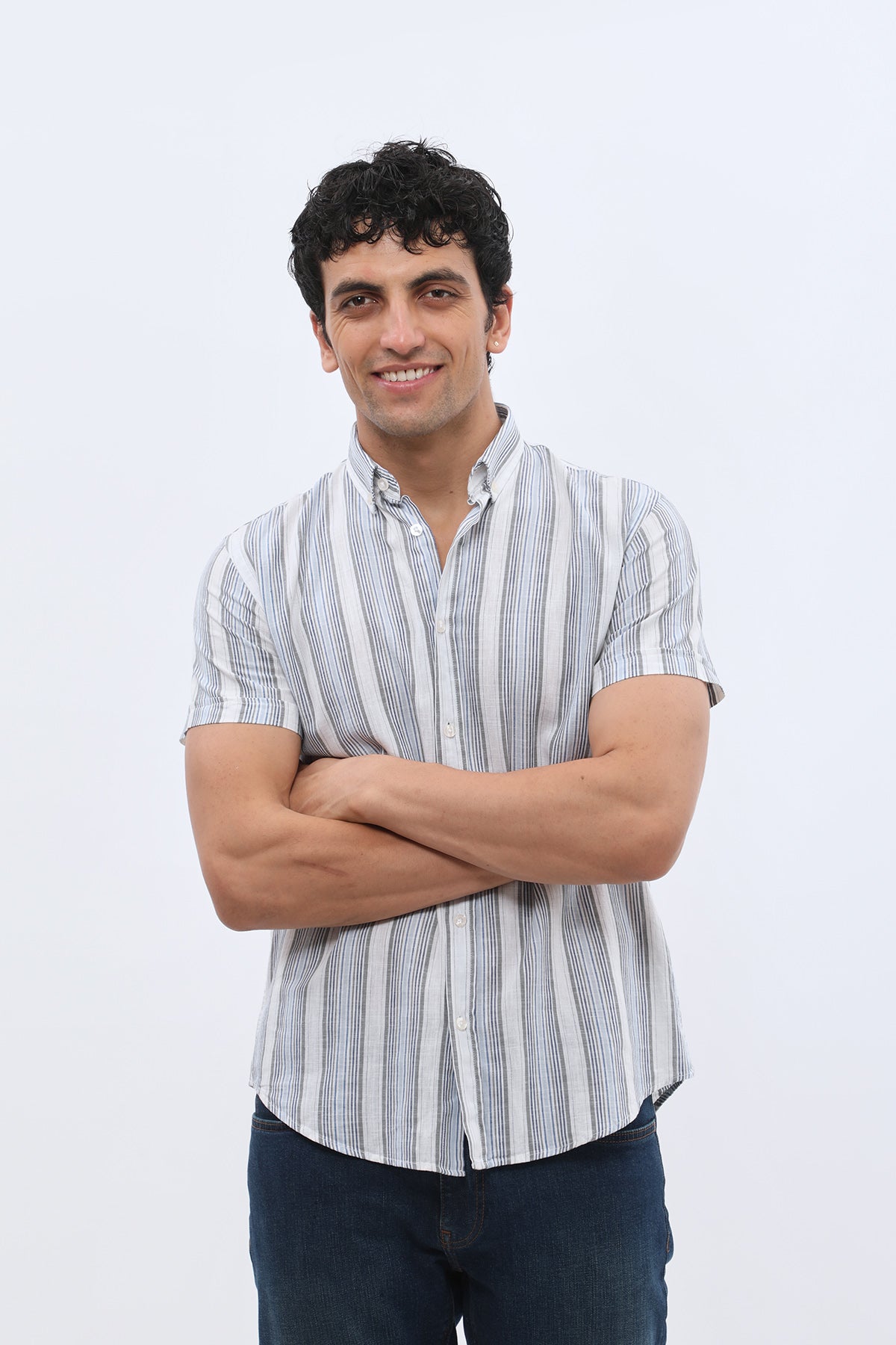 SHIRTSPRO Striped Regular Fit Short Sleeve Shirt - Button-Down Collar - Navy