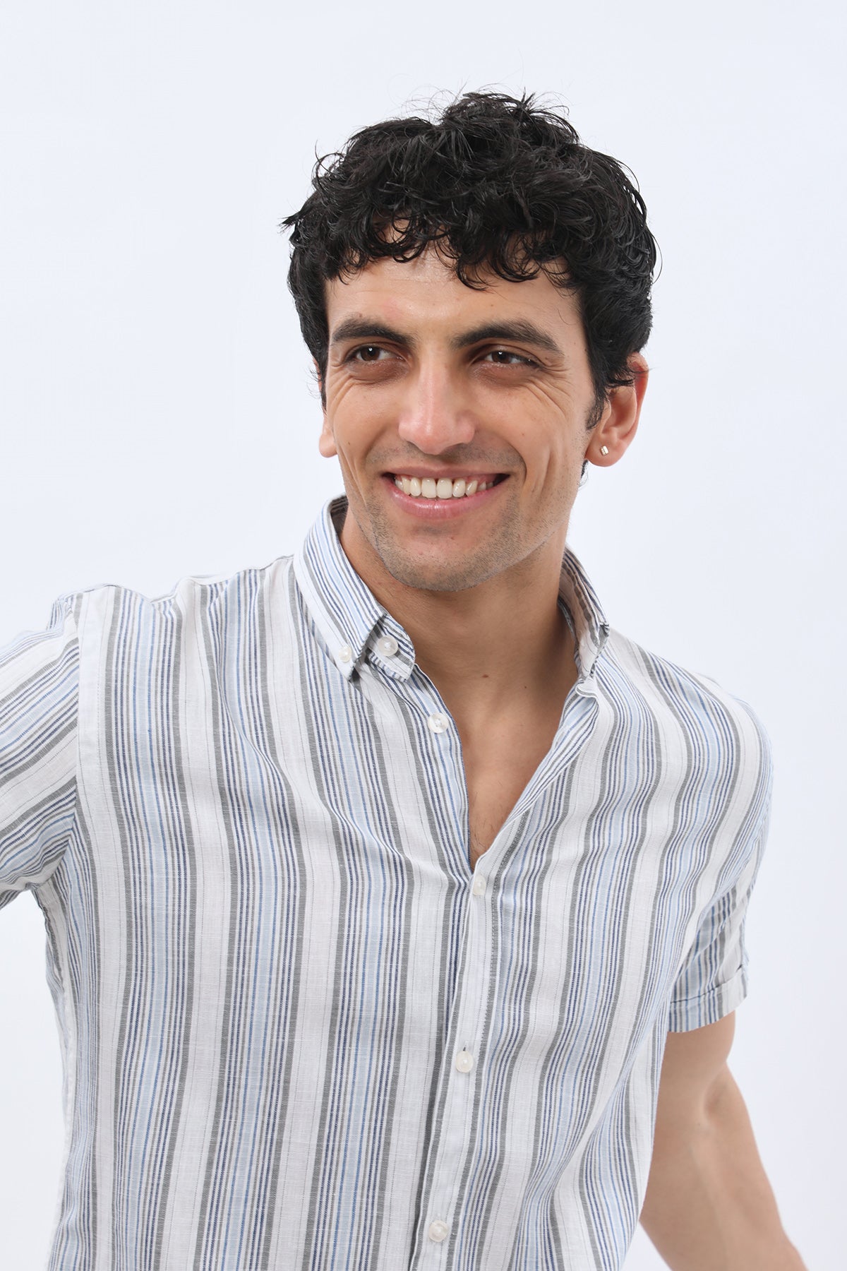 SHIRTSPRO Striped Regular Fit Short Sleeve Shirt - Button-Down Collar - Navy