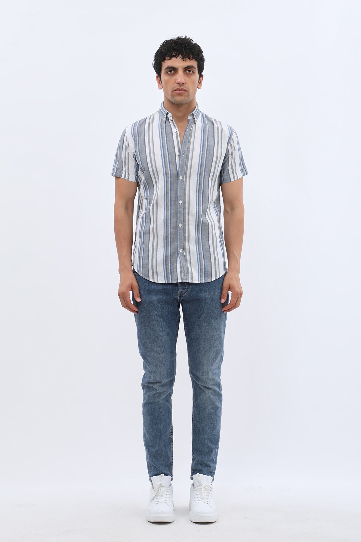 SHIRTSPRO Striped Regular Fit Short Sleeve Shirt - Button-Down Collar - Navy