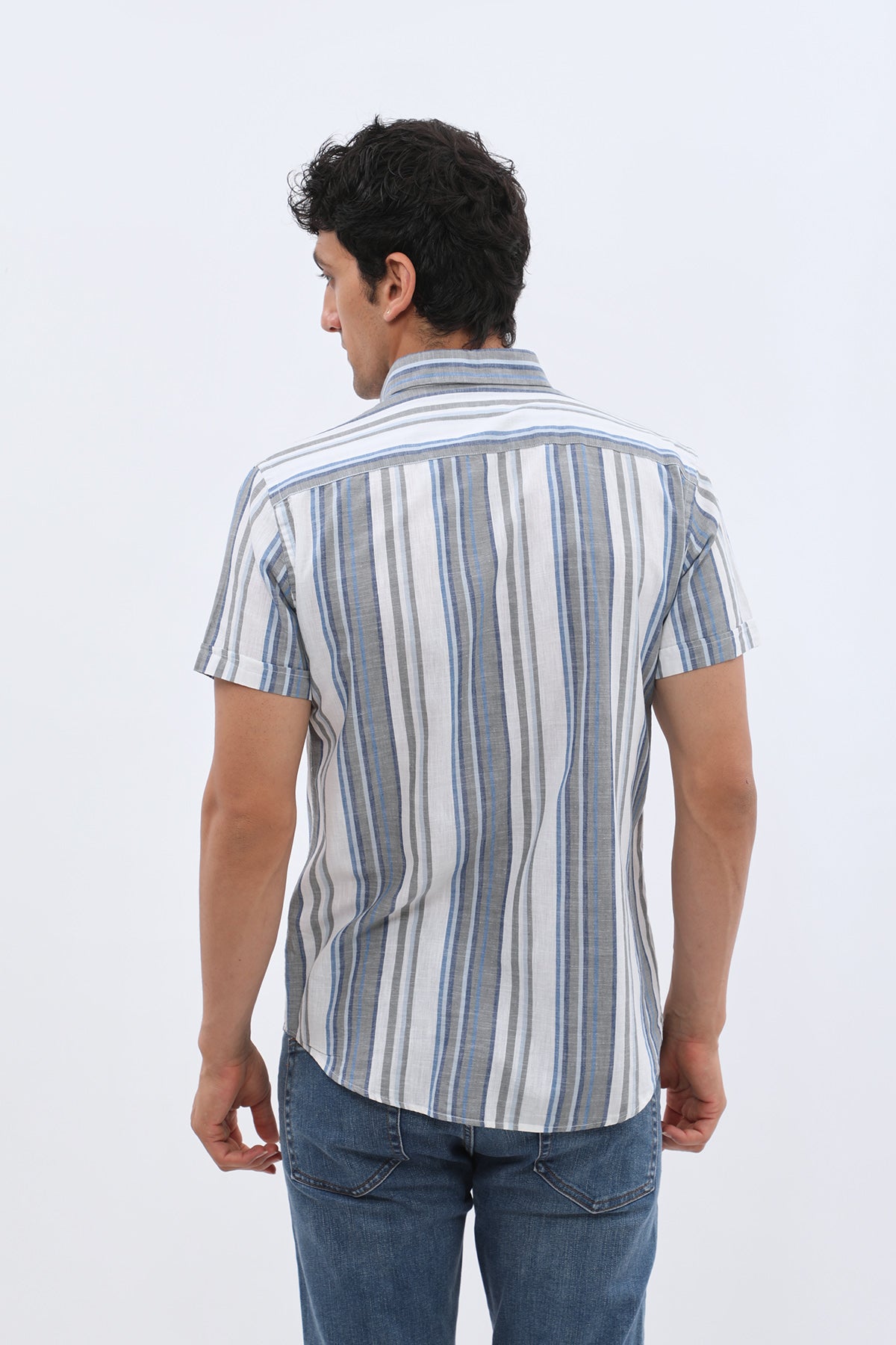 SHIRTSPRO Striped Regular Fit Short Sleeve Shirt - Button-Down Collar - Navy