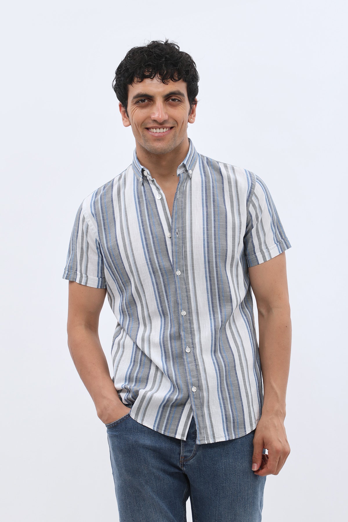 SHIRTSPRO Striped Regular Fit Short Sleeve Shirt - Button-Down Collar - Navy