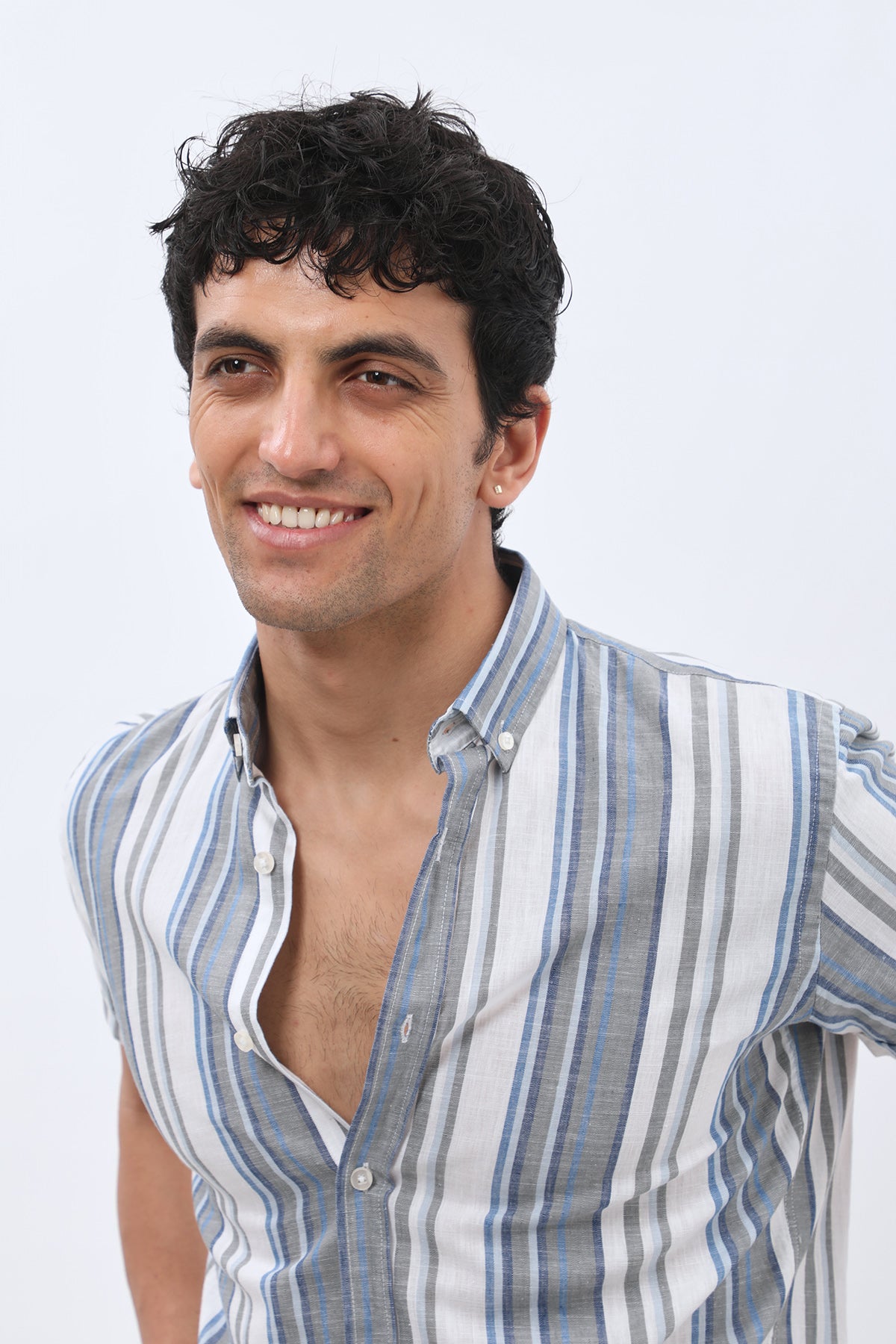 SHIRTSPRO Striped Regular Fit Short Sleeve Shirt - Button-Down Collar - Navy