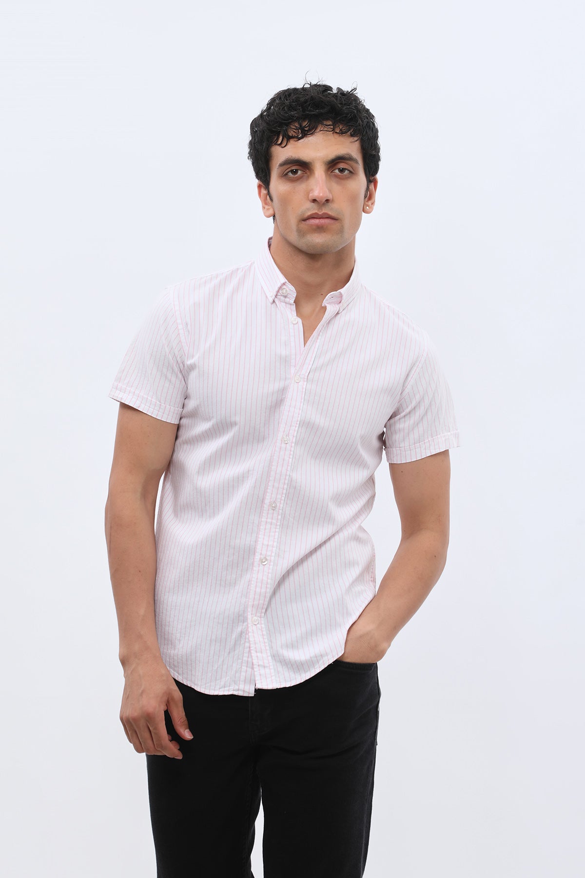 SHIRTSPRO Striped Oxford Regular Fit Short Sleeve Shirt - Button-Down Collar - Pink
