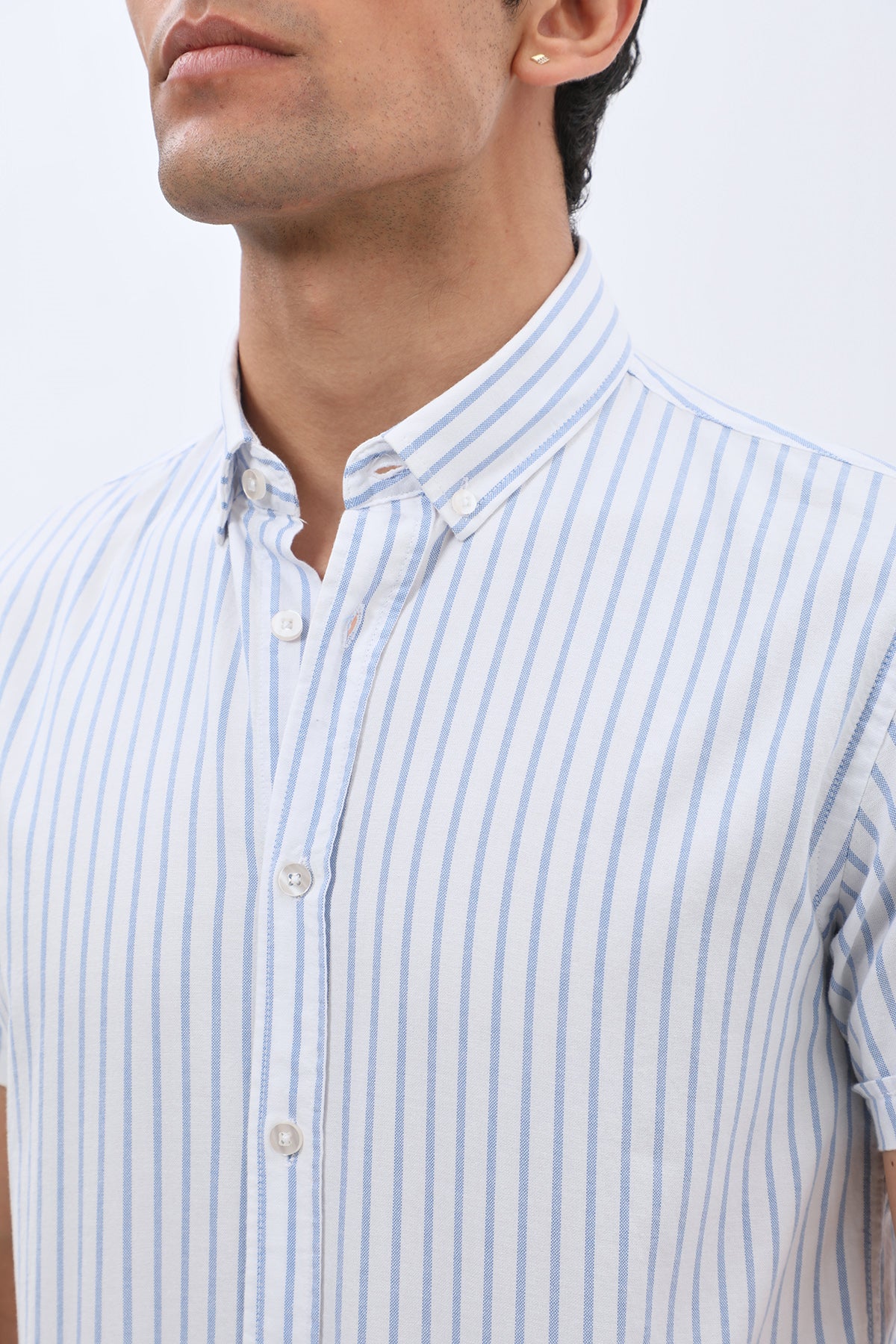 SHIRTSPRO Striped Oxford Regular Fit Short Sleeve Shirt - Button-Down Collar - Blue
