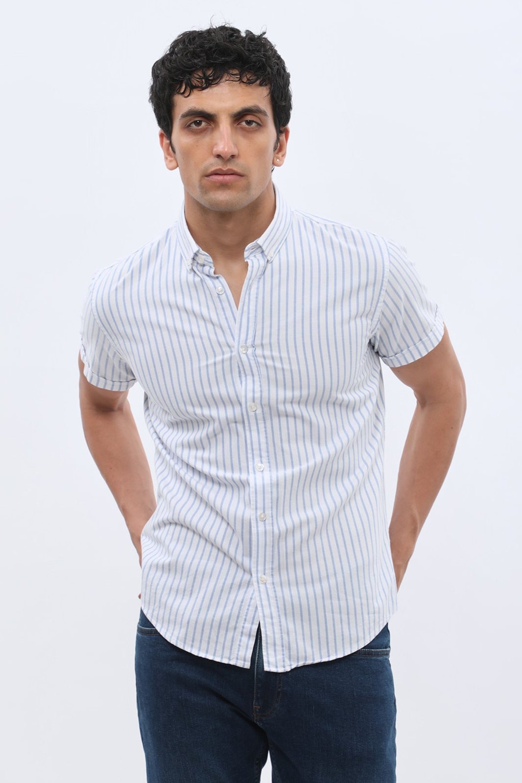 SHIRTSPRO Striped Oxford Regular Fit Short Sleeve Shirt - Button-Down Collar - Blue
