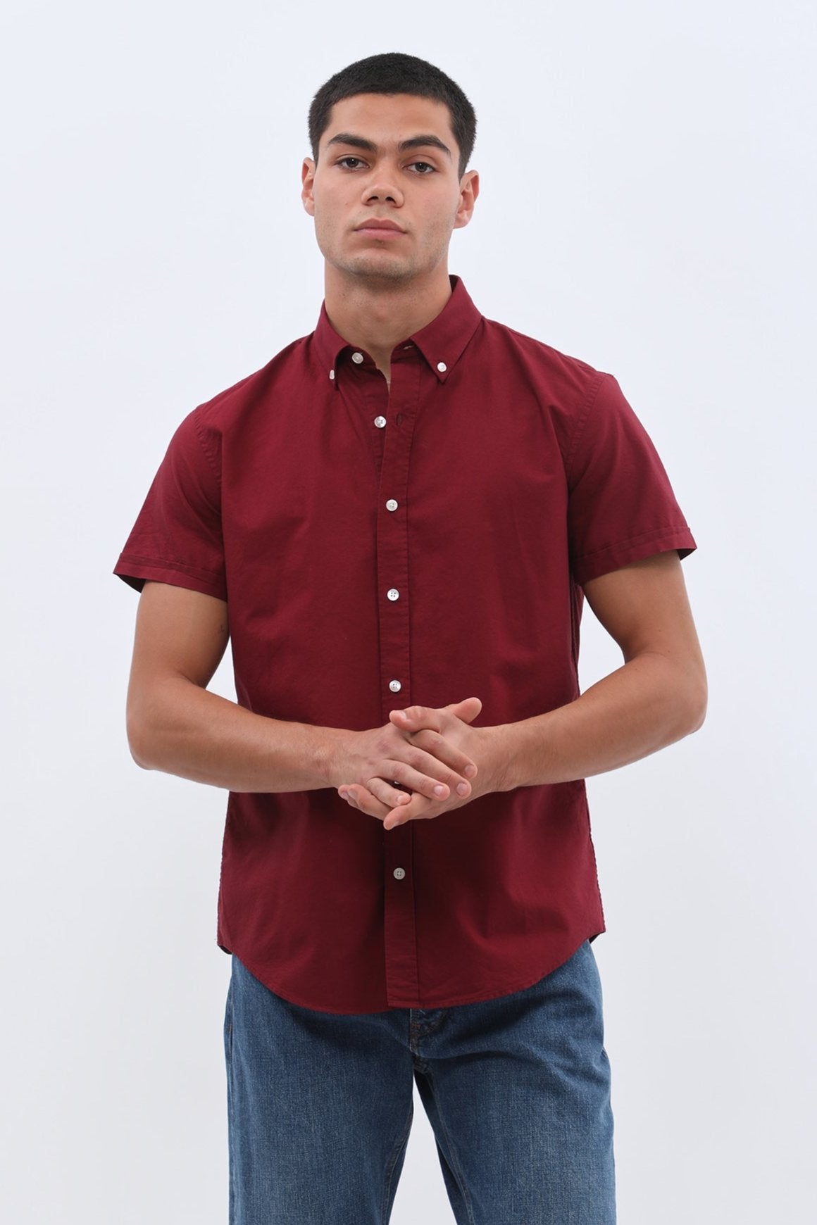 SHIRTSPRO Oxford Regular Fit Short Sleeve Shirt - Button-Down Collar - Bordo