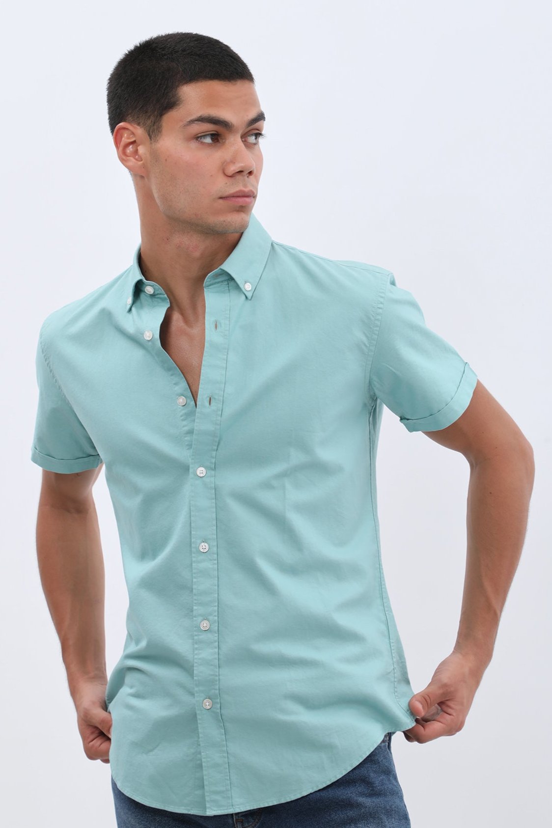 SHIRTSPRO Oxford Regular Fit Short Sleeve Shirt - Button-Down Collar - Dusty Turquoise