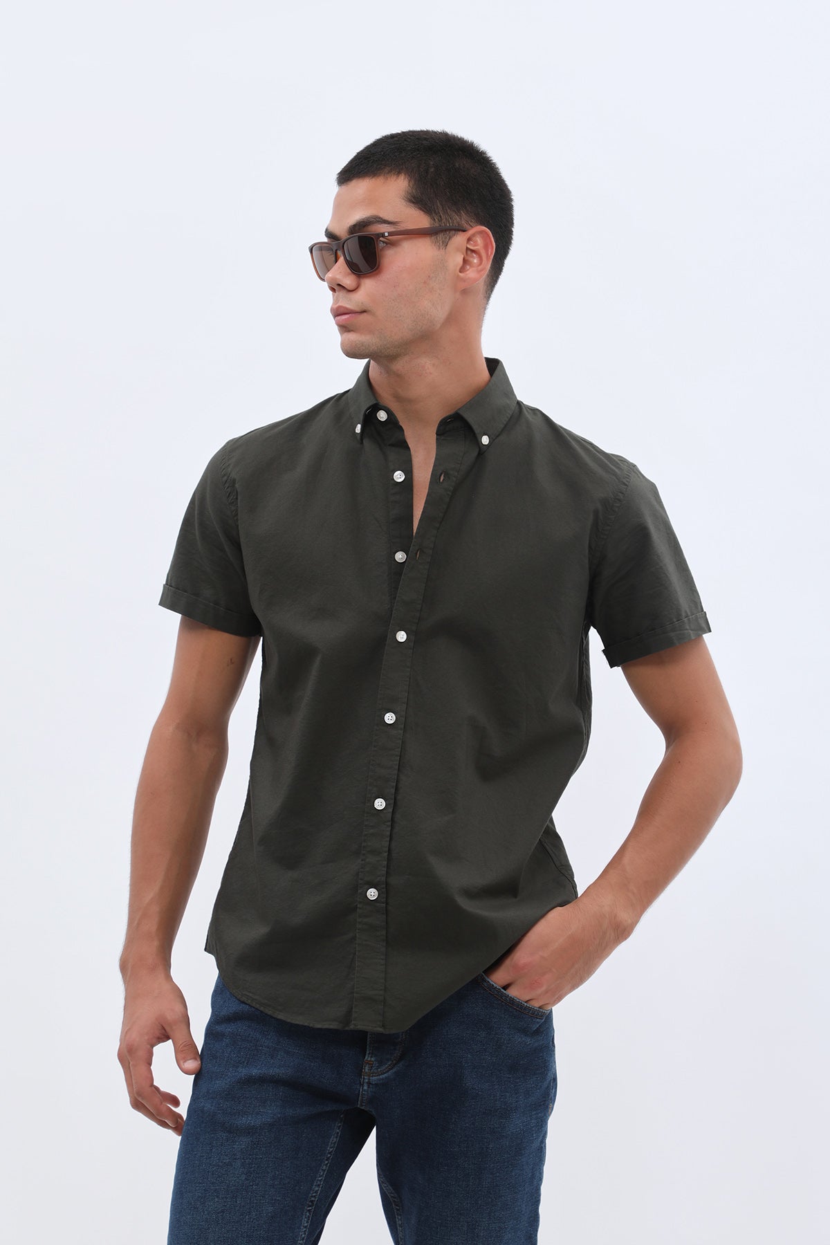 SHIRTSPRO Oxford Regular Fit Short Sleeve Shirt - Button-Down Collar - Green