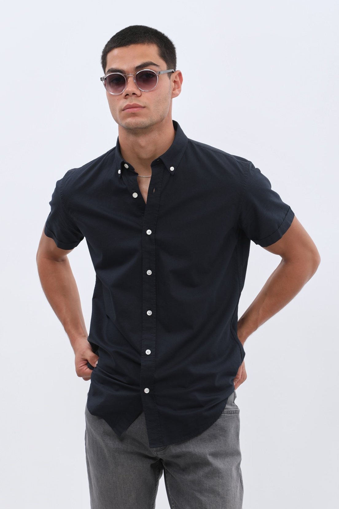 SHIRTSPRO Oxford Regular Fit Short Sleeve Shirt - Button-Down Collar - Navy