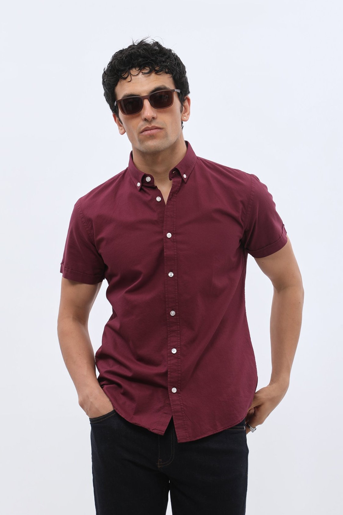 SHIRTSPRO Oxford Regular Fit Short Sleeve Shirt - Button-Down Collar - Purple
