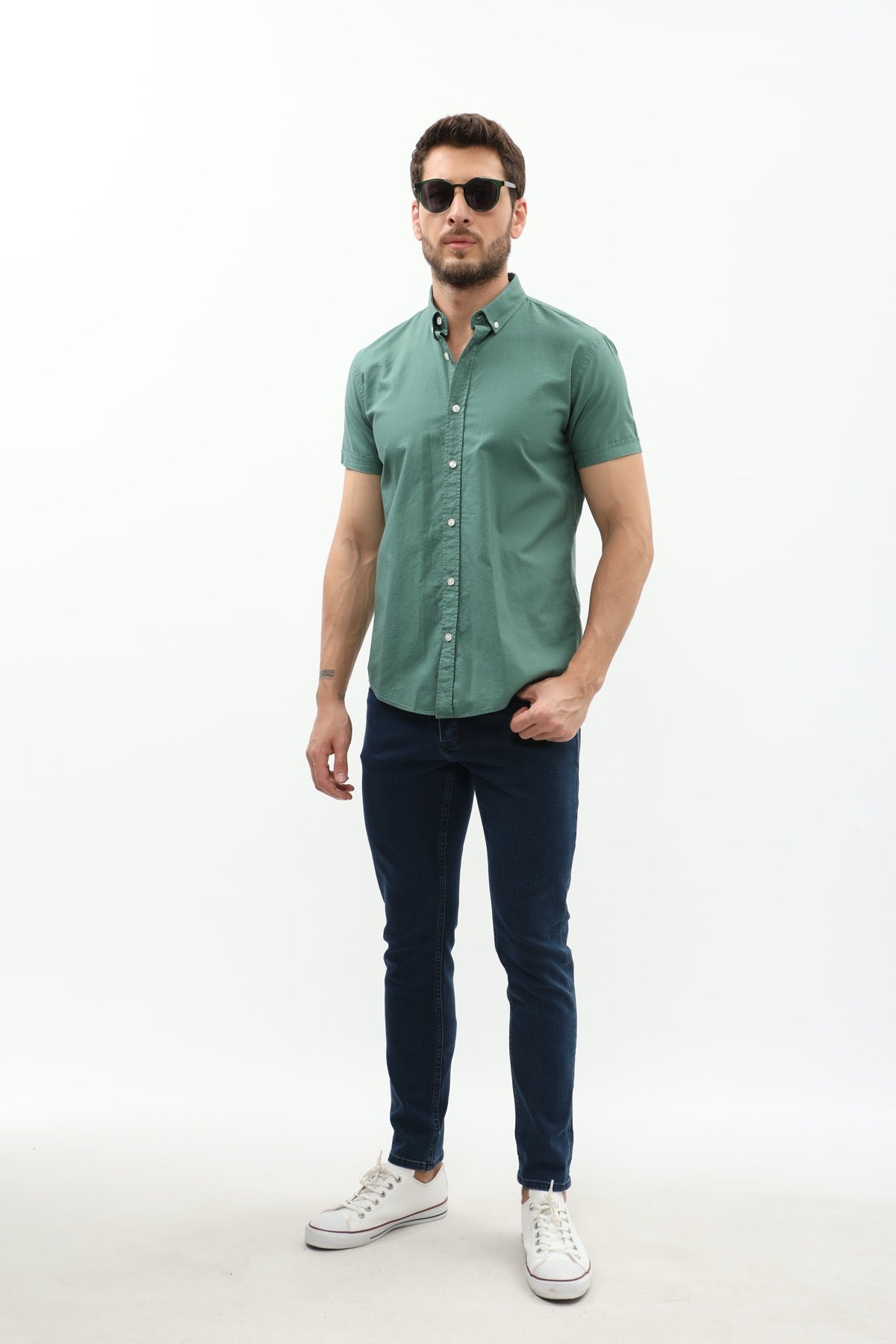 SHIRTSPRO Oxford Regular Fit Short Sleeve Shirt - Button-Down Collar - Smoke Pine