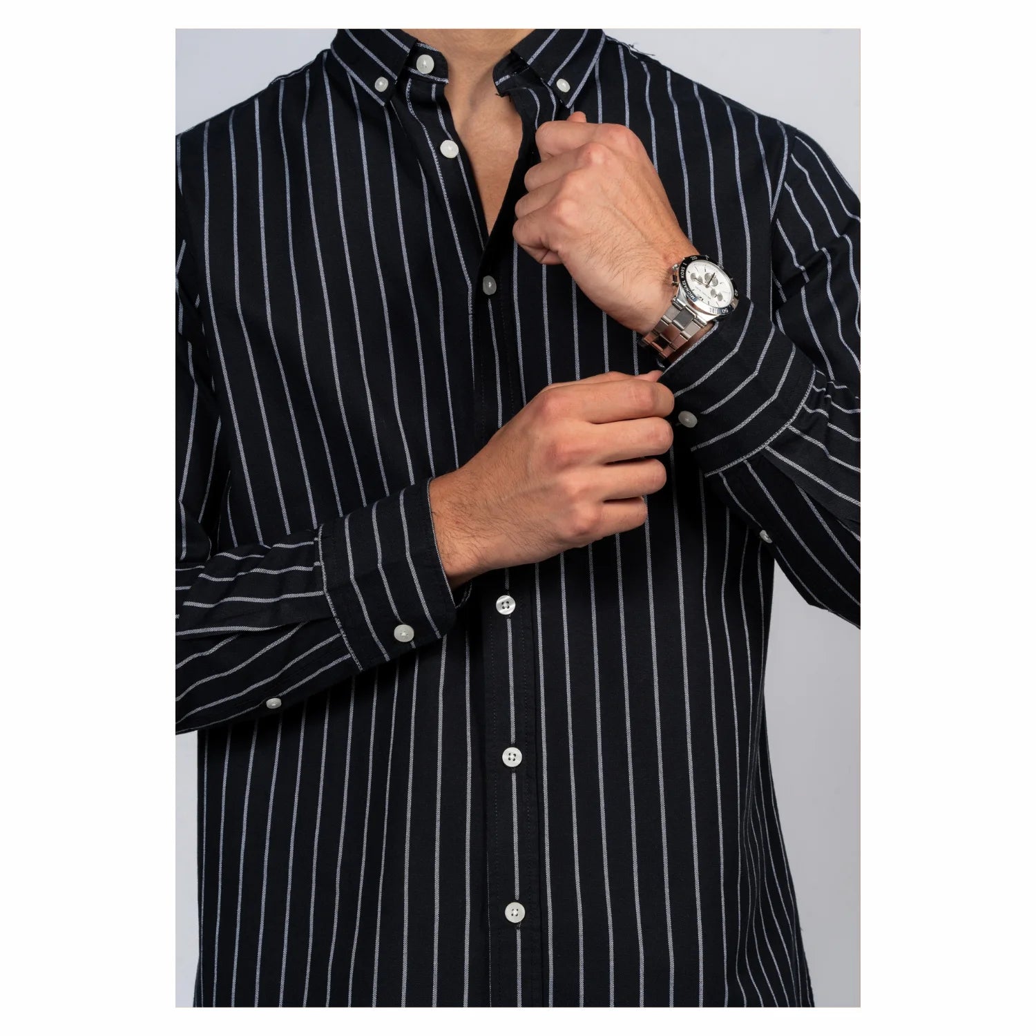 Men’s navy striped shirt — sleek vertical lines for a sharp, polished look